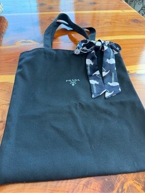 Prada Black Canvas Messenger Tote with Printed Scarf Accent